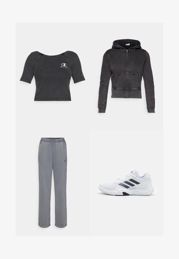 Hoodie cropped em cinza escuro, feito de uma mistura de algodão, com um fecho na frente, cordões ajustáveis e um bolso canguru. Apresenta um pequeno logótipo no peito.; T-shirt cropped preta com mangas curtas, superfície texturada e decote redondo, com um logótipo bordado branco no lado esquerdo do peito e na manga.; Calças de treino cinzas com um cós elástico, bolsos laterais e um logotipo. Tecido suave, design de perna reta e detalhes de costura mínimos.; Tênis atlético branco com parte superior em malha, três listras pretas de cada lado, detalhes texturizados e uma sola de borracha resistente com uma seção preta contrastante.