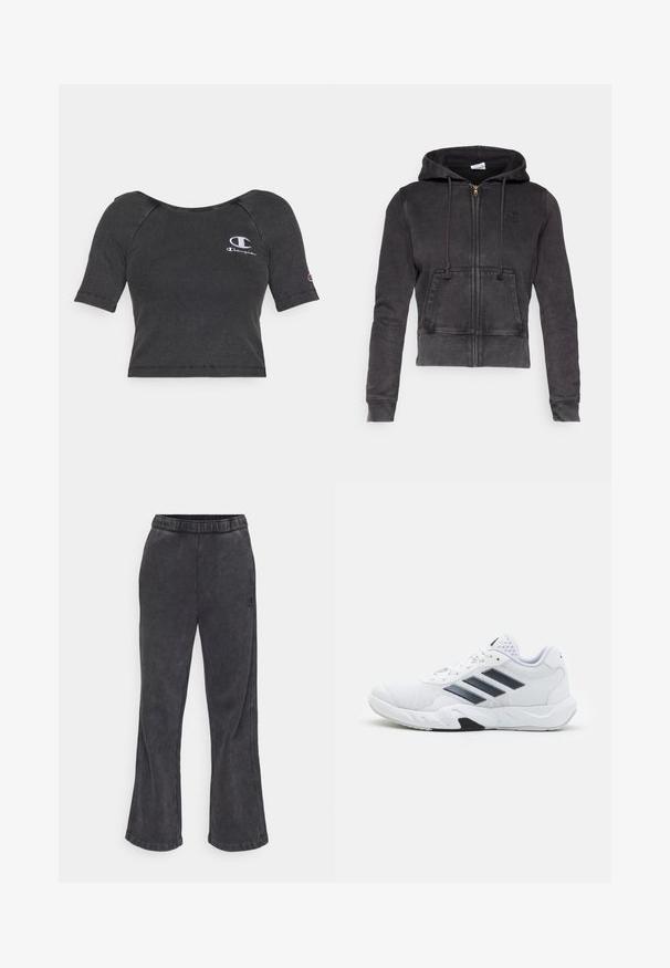Tumši pelēks īsais kapuce sarkans, kas izgatavots no kokvilnas maisījuma, ar priekšējo zipu, regulējamiem šņorēm un kangaroo kabatu. Tam ir mazs logo uz krūšu.; Melna ribota īsām piedurknēm uzgrieztā T-kreklā ar noapaļotu kakla izgriezumu un baltu izšūtu logo kreisajā krūtī un uz piedurknes.; Melnos pelēkās flared treniņbikses ar mīkstu tekstūru. Ievērojama elastīga jostām un izšūts logo sānos.; Baltā sporta apavi ar sietu augšdaļu, trīs melnām svītrām sānos, teksturētām akcentiem un izturīgu gumijas zoli ar kontrastējošu melnu daļu.