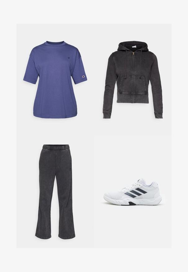 Mørkegrå, kort hoodie laget av bomullsblanding med frontglidelås, justerbare snorbind og kengurulomme. Har en liten logo på brystet.; Lilla bomulls T-skjorte med rund hals og korte ermer, som har en liten logo på brystet og et logomerke på ermet.; Utsvingte joggebukser i mørkegrått stoff med myk tekstur. Har elastisk midjebånd og brodert logo på siden.; Hvit sportsko med mesh-overdel, tre svarte striper på siden, teksturerte detaljer og en solid gummisåle med en kontrasterende svart seksjon.