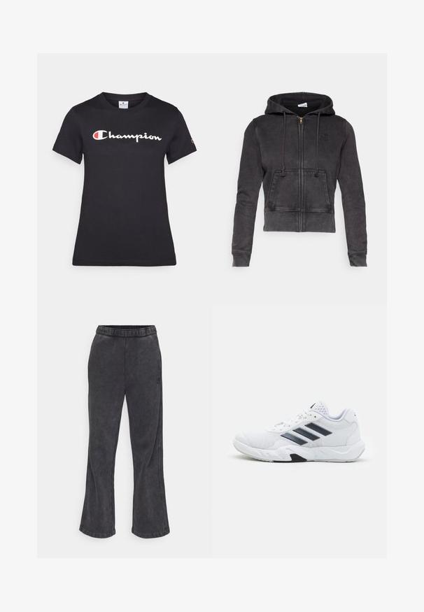 Hanorac scurt de culoare gri închis, fabricat dintr-un amestec de bumbac, cu fermoar frontat, șnururi ajustabile și o buzunar kangaroo. Prezintă un mic logo pe piept.; Tricou negru din bumbac, cu mâneci scurte, guler rotunjit și un mare logo alb "Champion" cu un accent roșu pe pieptul stâng.; Pantaloni de trening evazați din țesătură gri închis, cu o textură moale. Dispune de un talie elastică și un logo brodat pe lateral.; Adidași albi cu partea superioară din plasă, trei dungi negre pe lateral, accente texturate și o talpă din cauciuc solidă cu o secțiune contrastantă neagră.