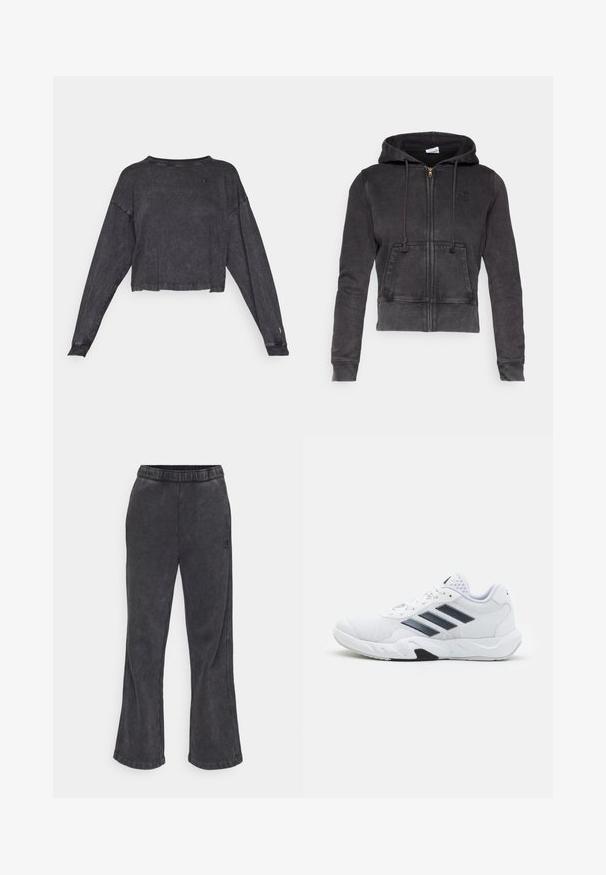 Tummanharmaa lyhyt huppari, joka on valmistettu puuvillaseoksesta, edessä vetoketjulla, säädettävillä nyöreillä ja kenguru-taskulla. Rinnassa on pieni logo.; Musta lyhythihainen collegepaita, jossa on tekstuuri ja pyöreä kaula-aukko. Vasemmassa rinnassa pieni logo ja ribbaustakautta hihansuissa.; Sivutavarat, joissa on tummanharmaa kangas ja pehmeä tekstuuri. Varustettu elastisella vyötäröllä ja brodeerattu logo sivussa.; Valkoiset urheilukengät, joissa on verkkomateriaali päällisessä, kolme mustaa raitaa sivussa, teksturoidut yksityiskohdat ja kestävä kumipohja, jossa on kontrastina musta osa.