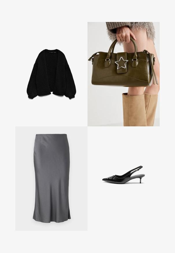 Črn pleten cardigan z teksturirano površino, odprt sprednji del in prevelike rokave. Ima rebraste manšete in rob.; Siva kratki majica iz mehkega bombažnega blaga. Okrogli izrez, sproščen kroj z gladko teksturo in minimalnim dizajnom.; Siva saten midi krila z gladko teksturo, ravno silhueto, diskretno stransko razpoko in elastični pas.; Črne usnjene slingback pete z izostrenim nosom, majhno mačje peto in okrasno vozličasto podrobnostjo na sprednjem delu. Gladka tekstura po celotni površini.; Olivnozeleno usnjeno ročno torbico z srebrno zvezdo, dvema ročajema in zadrgo. Teksturna površina in strukturirana oblika.