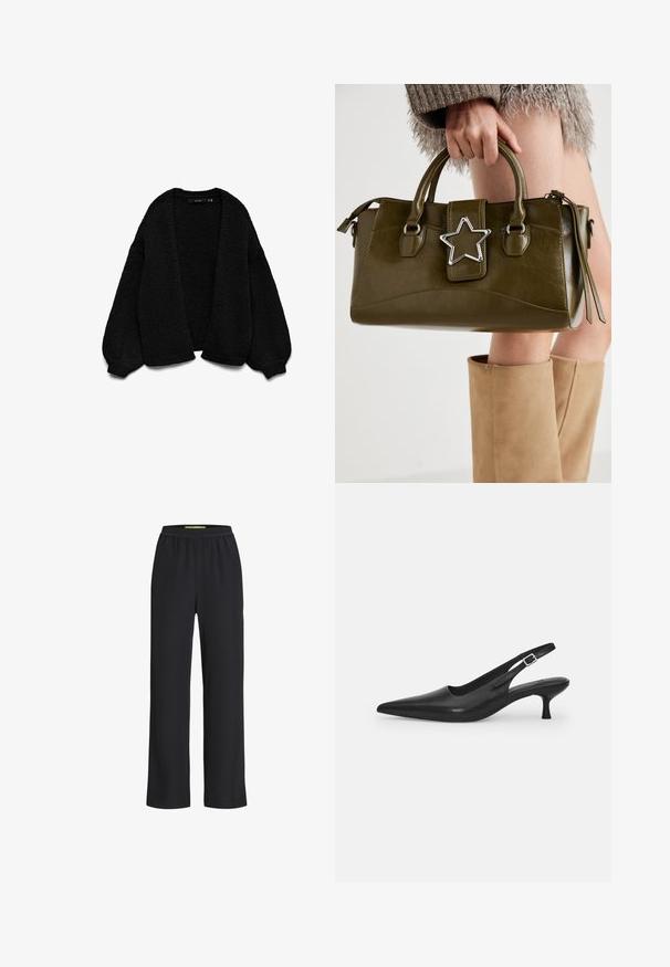 Czarny sweter z dzianiny o teksturowym wykończeniu, z otwartym przodem i oversize'owymi rękawami. Posiada prążkowane mankiety i dół.; Szara koszulka z krótkim rękawem, wykonana z miękkiej bawełny. Okrągły dekolt, luźny krój o gładkiej fakturze i minimalistycznym wzornictwie.; Czarne spodnie o szerokich nogawkach z elastyczną talią, wykonane z miękkiego materiału, o gładkiej strukturze i luźnym kroju przez całą długość nogawek.; Czarne skórzane buty typu slingback z wydłużonym noskiem i smukłym, zakrzywionym obcasem. Posiadają dyskretny regulowany pasek z metalową klamrą.; Oliwkowa torebka z ekoskóry z srebrnym akcentem w kształcie gwiazdy, podwójnymi uchwytami i zapięciem na zamek. Teksturowana powierzchnia i wyraźnie zarysowany kształt.