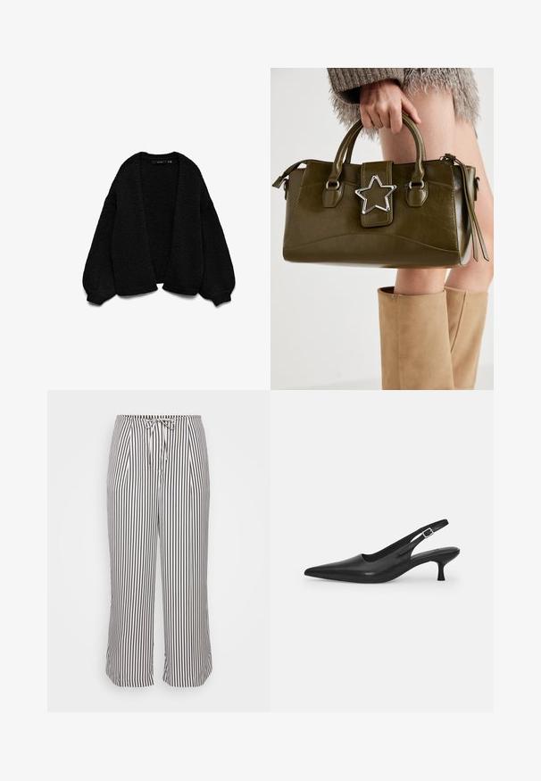 Czarny sweter z dzianiny o teksturowym wykończeniu, z otwartym przodem i oversize'owymi rękawami. Posiada prążkowane mankiety i dół.; Szara koszulka z krótkim rękawem, wykonana z miękkiej bawełny. Okrągły dekolt, luźny krój o gładkiej fakturze i minimalistycznym wzornictwie.; Spodnie 3/4 z elastycznym paskiem ściąganym, ozdobione pionowymi niebieskimi i białymi paskami, wyeksponowane na jednolitym białym tle.; Czarne skórzane buty typu slingback z wydłużonym noskiem i smukłym, zakrzywionym obcasem. Posiadają dyskretny regulowany pasek z metalową klamrą.; Oliwkowa torebka z ekoskóry z srebrnym akcentem w kształcie gwiazdy, podwójnymi uchwytami i zapięciem na zamek. Teksturowana powierzchnia i wyraźnie zarysowany kształt.