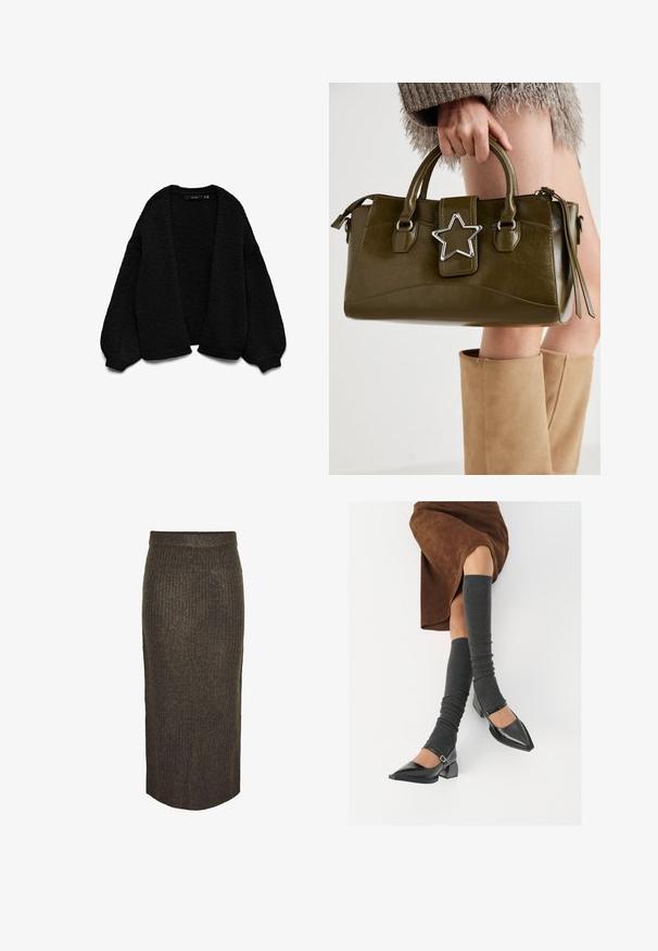 Gilet en tricot noir avec une finition texturée, design à l'avant ouvert et manches surdimensionnées. Doté de poignets et d'un ourlet côtelés.; T-shirt gris en coton avec un col rond classique, des manches courtes et une texture lisse, idéal pour un usage décontracté.; Pieces Jupe longue - morel; Chaussures à bout pointu en cuir verni noir avec un talon bloc et une bride à la cheville, accompagnées de jambières en maille grise et d'une jupe en daim marron.; Sac à main en simili cuir vert olive avec accent étoilé argenté, deux poignées et fermeture éclair. Surface texturée et forme structurée.