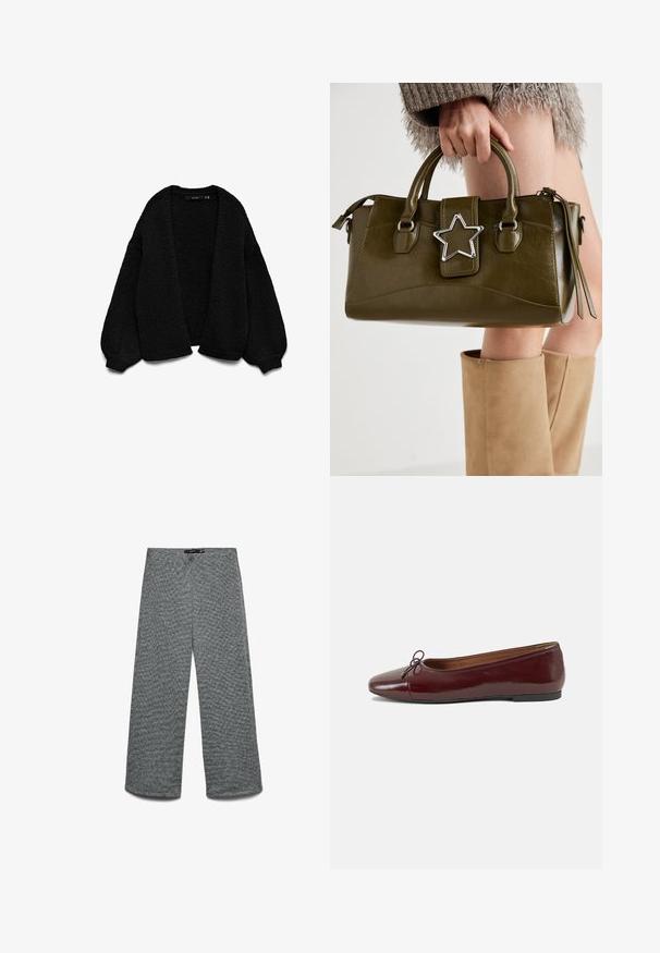 Gilet en tricot noir avec une finition texturée, design à l'avant ouvert et manches surdimensionnées. Doté de poignets et d'un ourlet côtelés.; T-shirt gris en coton avec un col rond classique, des manches courtes et une texture lisse, idéal pour un usage décontracté.; Pantalon à jambes larges en tissu tricoté gris texturé. Doté d'une taille haute et de jambes droites, offrant une coupe décontractée.; Ballerines en cuir verni bordeaux avec un bout rond, un petit nœud décoratif à l'avant et une semelle en caoutchouc noire basse. Texture lisse.; Sac à main en simili cuir vert olive avec accent étoilé argenté, deux poignées et fermeture éclair. Surface texturée et forme structurée.