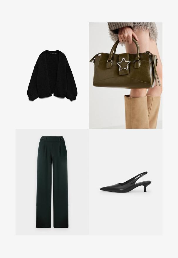 Juodas megztinis su raštuotu paviršiumi, atviru priekiu ir per didelėmis rankovėmis. Yra raukiniai ant rankovių ir apatinės dalies.; Pilkas medvilninis marškinėlis su klasikiniu apvaliu kaklu, trumpomis rankovėmis ir lygiu paviršiumi, tinkamas kasdieniam dėvėjimui.; Tamsiai žali plačios kojų kelnės iš lygaus audinio, pasižyminčios aukštu juosmeniu, klostėmis ir dviem išryškintais juodais mygtukais priekyje.; Juodos odinės slingback bateliai su smailiu nosiu ir plonu, lenktu kulnu. Yra diskretiška reguliuojama juostelė su metaliniu sagtimi.; Alyvuogių žalios spalvos dirbtinės odos rankinė su sidabro žvaigždės akcentu, dviem rankenomis ir užtrauktuko uždarymu. Tekstūruotas paviršius ir struktūrizuota forma.