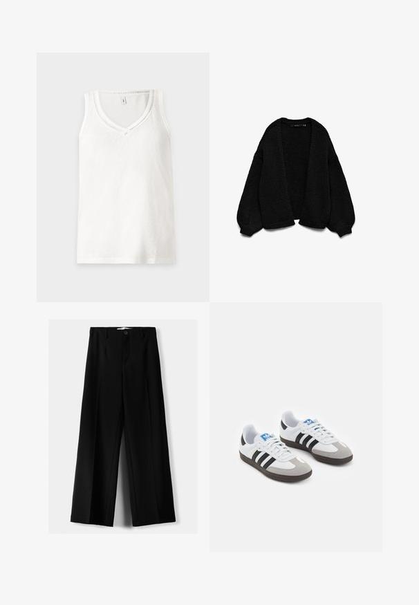 Black knitted cardigan with a textured finish, open front design, and oversized sleeves. Features ribbed cuffs and hem.; White sleeveless tank top with a V-neckline, made of soft fabric, featuring subtle ribbed detailing along the neckline and hem.; Black wide-leg trousers made of lightweight fabric, featuring a front button closure and flat front, with neatly stitched hems.; Sport shoes with a white leather upper, gray suede toe, and three black stripes. Features a blue logo on the tongue and a textured rubber sole.