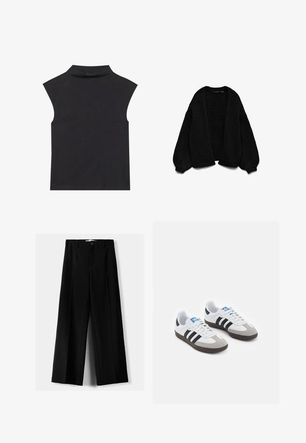 Mustat neulotut neuletakit, joissa on tekstuuripinta, avoin etuosa ja yli-iso hihan malli. Ominaisuuksia ovat ribbaus hihansuissa ja helmassa.; Musta hihaton toppi korkealla kauluksella, valmistettu pehmeästä kankaasta. Ominaisuuksiin kuuluvat raapareunat ja vartalonmyötäinen muoto, ilman näkyviä kuvioita tai koristeita.; Mustat leveälahkeiset housut, jotka on valmistettu kevyestä kankaasta. Housuissa on etunappikiinnitys ja tasainen etuosa, sekä huolellisesti ommellut helmat.; Urheilukengät, joissa on valkoinen nahkainen päällinen, harmaa mokkanokka ja kolme mustaa raitaa. Ominaisuuksina sininen logo kielekkeessä ja kuvioitu kumipohja.