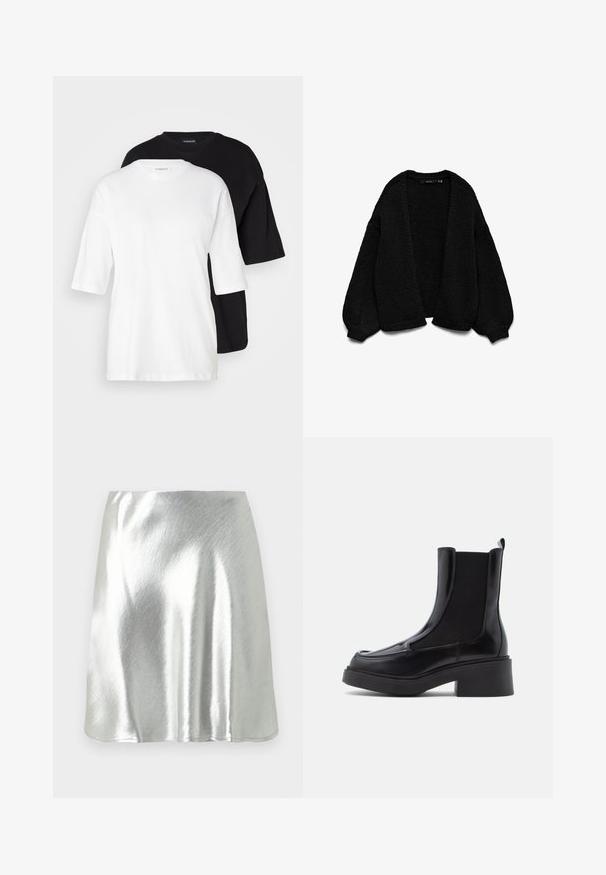 Cardigan nero lavorato a maglia con finitura testurizzata, design con apertura frontale e maniche oversize. Presenta polsini e orlo a coste.; Due magliette a maniche corte, una bianca e una nera, realizzate in cotone. Presentano un collo a giro e una vestibilità ampia e rilassata con una texture morbida.; Minigonna metallica argentata con una texture liscia e un leggero effetto lucido. Presenta un design svasato e un orlo semplice e pulito.; Stivali Chelsea neri con tacco spesso, caratterizzati da una tomaia in pelle lucida e pannelli elastici laterali per una facile calzata. Suola in gomma solida.