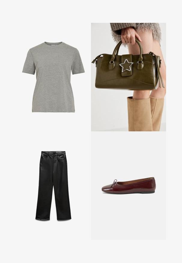 Cardigã preto em malha com um acabamento texturizado, design de frente aberta e mangas oversized. Apresenta punhos e barra canelados.; T-shirt de algodão cinzento com gola redonda clássica, mangas curtas e textura suave, adequada para uso casual.; Calças largas de imitação de couro preto com bolsos frontais, passantes para cinto e brilho subtil. Textura suave e ajuste personalizado.; Bailarinas em couro sintético borgonha com bico redondo, pequeno laço na frente e sola baixa em borracha preta. Textura suave.; Bolsa de mão em pele sintética verde oliva com detalhe de estrela prateada, alças duplas e fecho com zip. Superfície texturizada e forma estruturada.