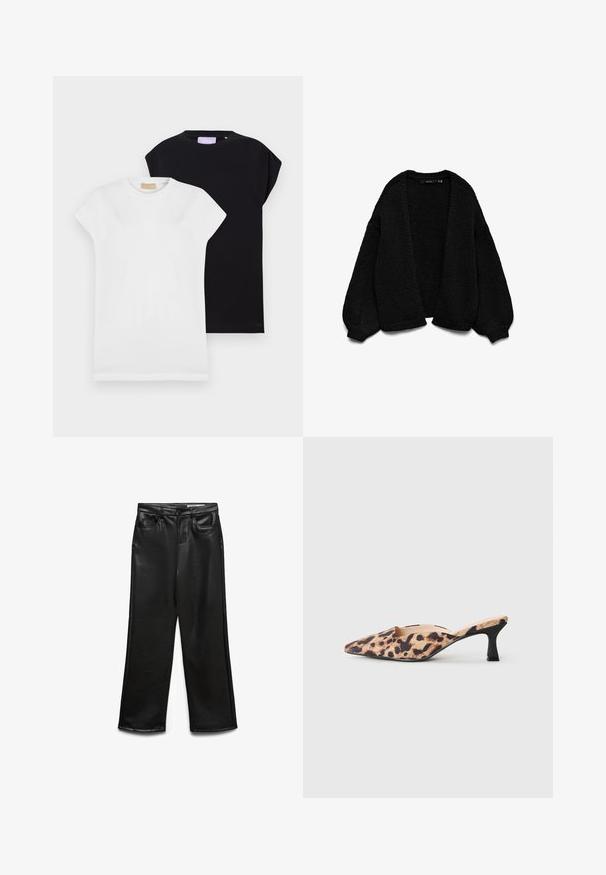 Melna adīta kardigāna ar strukturētu apdari, atvērtu priekšpusi un pārāk lielām piedurknēm. Iezīmējas ar ribotām aprocēm un apakšmalu.; Divi īsām piedurknēm T-krekli, viens balts un viens melns, abi izgatavoti no mīkstas kokvilnas auduma, ar apaļu kakla izgriezumu un brīvu piegriezumu.; Plašas melnas mākslīgās ādas bikses ar kabatām priekšpusē, jostas cilpām un nelielu spīdumu. Gluda tekstūra un piegriezts siluets.; Zābaks ar norādītu purngalu, ar leoparda raksta virsu un zemu melnu kaķenītes papēdi uz gaiša fona.