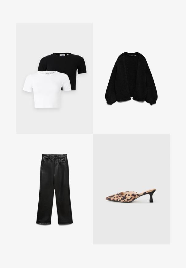 Černý pletený kardigan s texturovaným povrchem, s otevřeným předním designem a přehozenými rukávy. Obsahuje žebrované manžety a lem.; Sada dvou krátkých rukávů crop T-shirt v černé a bílé barvě, vyrobených z žebrované látky s kulatým výstřihem a přiléhavým střihem.; Černé široké kalhoty z umělé kůže s předními kapsami, poutky na pásek a jemným leskem. Hladká textura a střih na míru.; Mule boty se špičatou špičkou, s horní částí v tygrovaném vzoru a nízkým černým jehlovým podpatkem na světlém pozadí.