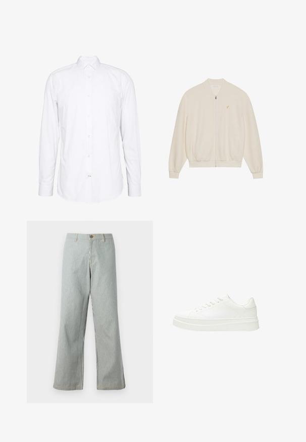 Vit zip-up sweatshirt med ribbad textur, ribbade ärmar och nederkant, sidofickor och en liten logotyp i guld på bröstet.; Vit långärmad skjorta i bomull. Har en krage, framknäppning med knappar och enknappsmanchetter. Slät textur, ren design.; Randiga vida byxor i blått och vitt, med knappstängning, bältesloopar, synlig sömnad och en avslappnad passform.; Vit sneaker med en slät läderöverdela, platta snören och en tjock gummisula. Minimalistisk design med subtil sömnad och sömlösa detaljer.