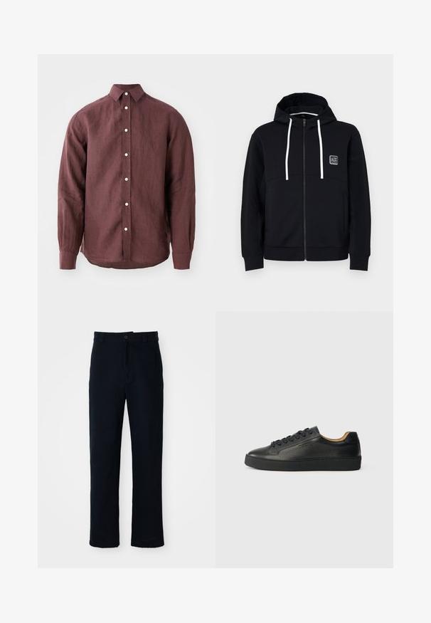 Melna kapuce ar rāvējslēdzēju, baltām saites, teksturētām melnām piedurknēm un nelielu logotipa uzšuvi uz krūtīm. Mīksts audums ar pieguļošu stilu.; Vīna sarkanas krāsas garām piedurknēm krekls, izgatavots no teksturētas auduma, ar klasisku apkakli, pogu priekšpusi un pogām kontrastējošā krāsā.; Kokvilnas tumši zilas bikses ar taisnu kāju dizainu, priekšējo pogu aizdari un klasisku jostasvietu ar jostas cilpiņām.; Melnas zemas ādas sporta kurpes ar teksturētu virsmu, melniem šņorēm un biezu gumijas zoli, attēlotas no sāna uz gaiša fona.