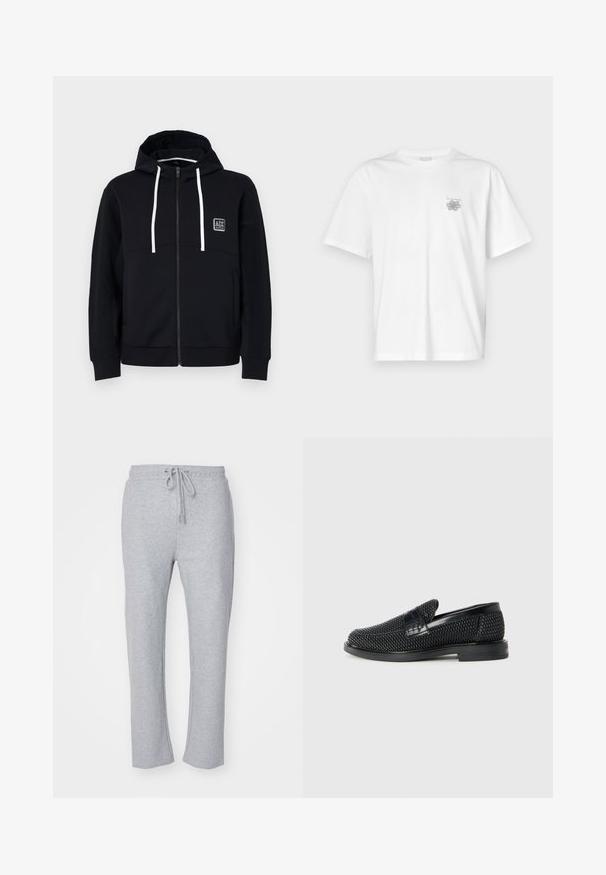 Schwarzer Kapuzenpullover mit Reißverschluss, weißen Kordeln, strukturierten schwarzen Ärmeln und einem kleinen Logo-Patch auf der Brust. Weicher Stoff mit taillierter Passform.; Weißes T-Shirt aus Baumwolle mit kurzen Ärmeln, Rundhalsausschnitt und kleinem grauen Logo auf der linken Brustseite. Glatte Textur.; Graue Sweatpants aus weichem Jersey-Stoff, mit einem Kordelzugbund und geradem Bein-Design, ohne zusätzliche Muster oder Akzente.; Schwarzer geflochtener Slipper mit einem glatten Lederakzent im Obermaterial, einem runden Zehendesign und einer flachen Gummisohle.