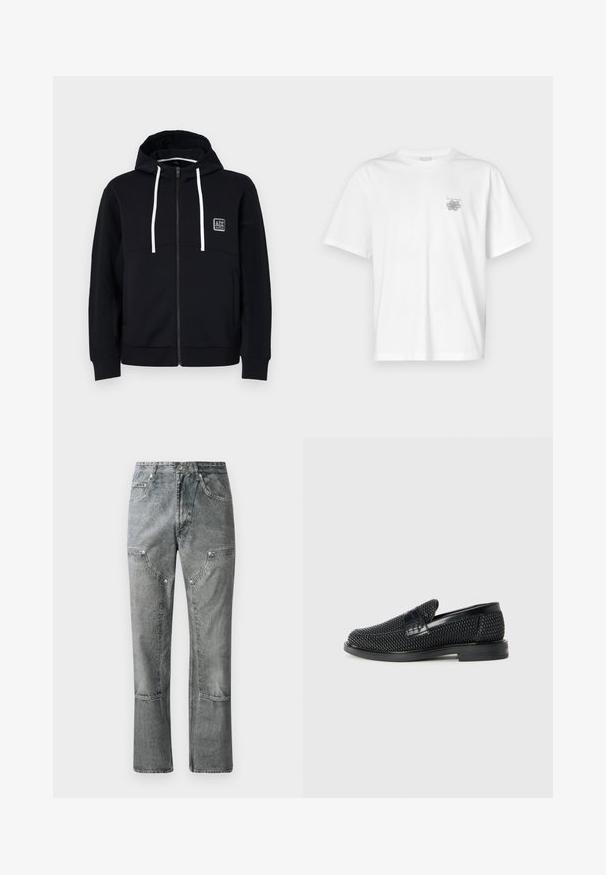 Mustapaita vetoketjulla, valkoisilla nyöreillä, teksturoiduilla mustilla hihoilla ja pienellä logo-patchilla rinnassa. Pehmeä kangas, joka on muotoiltu napakaksi.; Valkoinen puuvillapaita, jossa on lyhyet hihat, pyöreä kaula-aukko ja pieni harmaa logo vasemmassa rintataskussa. Täydellinen sileä rakenne.; Harmaat farkut suoran leikkauksen kanssa, joissa on etutaskut, näkyvät saumat ja haalistunut pinta. Materiaali on sileä.; Musta kudottu liukupohjallinen kenka, jossa on sileä nahkakorostus päällisessä, pyöreä kärki ja matala kumipohja.