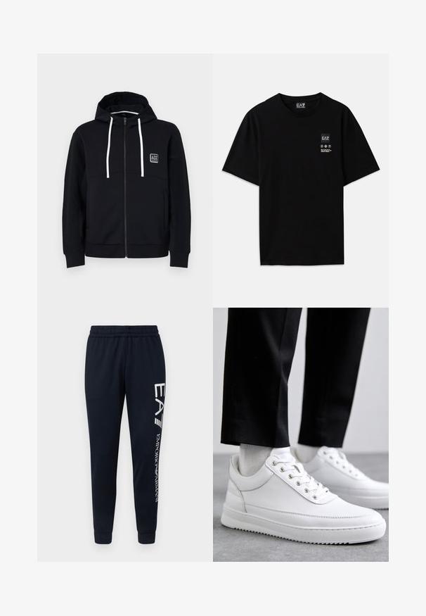 Melna kapuce ar rāvējslēdzēju, baltām saites, teksturētām melnām piedurknēm un nelielu logotipa uzšuvi uz krūtīm. Mīksts audums ar pieguļošu stilu.; Melnas kokvilnas T-krekls ar īsām piedurknēm, apaļo kakla izgriezumu un nelielu logotipa birku priekšpusē ar baltiem apzīmējumiem par kopšanu.; EA7 Emporio Armani TROUSER - Treniņtērpa apakšdaļas - armani blue; Baltas ādas kedas ar plakanu gumijas zoli, kas piedāvā gludu apdari, apaļu purngalu un metāla caurules šņorēm. Valkātas ar melnām biksēm.