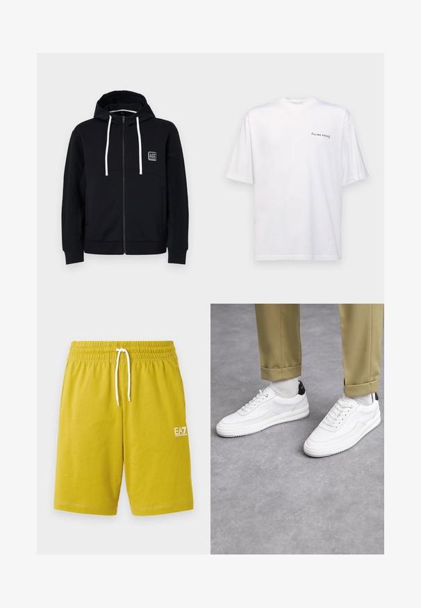 Černá mikina s kapucí na zip, bílé stahovací šňůrky, texturované černé rukávy a malá nášivka loga na hrudi. Měkká látka s přiléhavým střihem.; Bílé tričko s krátkým rukávem z bavlny s výstřihem do V, na levé straně se nachází černé logo "FILLING PIECES".; Žluté šortky vyrobené z měkkého materiálu, s elastickým pasem a bílým šňůrkovým stahováním, a malým bílým logem vytištěným na boku.; Bílé tenisky s texturovaným koženým povrchem, zaoblenou špičkou a černým akcentem na patě. Gumová podrážka s malým vzorem a šitými detaily.