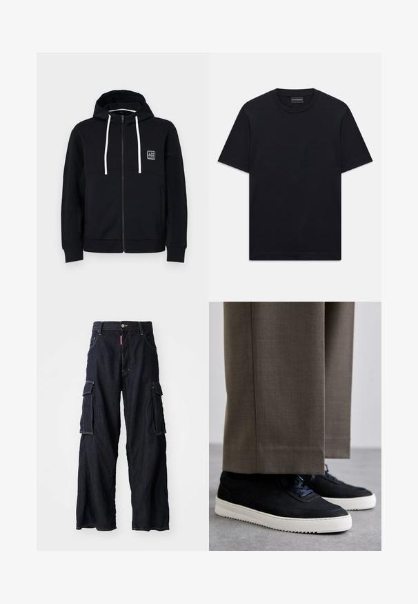 Juodas džemperis su užtrauktuku, baltais raišteliais, tekstūruotomis juodomis rankovėmis ir mažai logotipo etikete ant krūtinės. Minkšta medžiaga su prigludusia forma.; Juoda trumpo rankovės marškinėliai su apvalia iškirpte, su subtiliu iškilniu logotipo dizainu viduryje krūtinės ir ženklu vidinėje apykaklės pusėje.; Tamsiai mėlynos džinsinės cargo kelnės su plačiomis kojomis, turinčios dideles šonines kišenes ir priekinį užsegimą mygtuku. Storas audinys, akcentuotas geltona siūle.; Juodi zomšiniai sportbačiai su baltais guminiais padais, su apvalia nosimi ir raišteliais, dėvimi su pilkais pritaikytais kelnais.