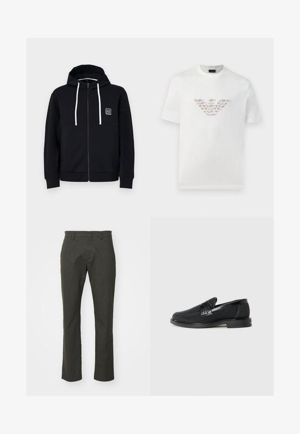 Fekete kapucnis pulóver cipzárral, fehér húzózsinórral, struktúrált fekete ujjak, és egy kis logó folt a mellkason. Puha anyag, hozzáillő fazon.; Fehér pamut póló rövid ujjakkal és kerek nyakkivágással. Középen rózsaszín és barna árnyalatokkal ellátott logó díszítéssel rendelkezik.; Sötétzöld, egyenes szabású nadrág, sima anyaggal, lapos elejű, két oldalsó zsebbel.; Fekete szőtt slip-on cipő sima bőr díszítéssel a felsőrészen, kerek orral és alacsony profilos gumitalppal.