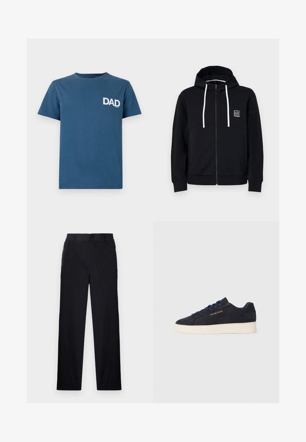 Melna kapuce ar rāvējslēdzēju, baltām saites, teksturētām melnām piedurknēm un nelielu logotipa uzšuvi uz krūtīm. Mīksts audums ar pieguļošu stilu.; Zila kokvilnas t-krekls ar īsām piedurknēm un apaļu kakla izgriezumu, kuru rotā balts "TĒVS" teksts kreisajā krūšu daļā.; Melni bikses ar vieglu, teksturētu audumu, taisnu kāju dizainu, elastīgu jostu un sānu rāvējslēdzēju kabatām.; Navy zila zamšas zema augstuma kedas ar baltu zoli, navy krāsas auklām un "Filling Pieces" logo zeltā sānos.
