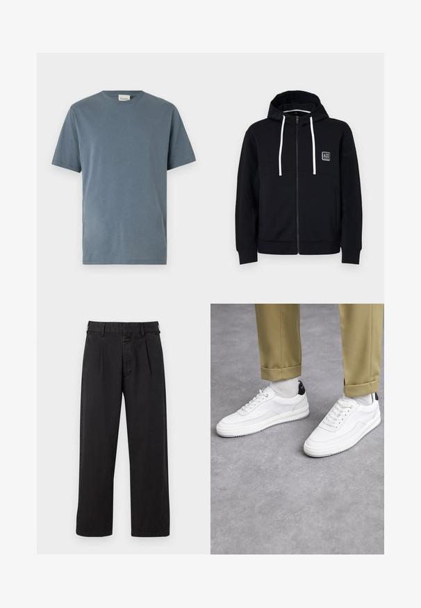 Černá mikina s kapucí na zip, bílé stahovací šňůrky, texturované černé rukávy a malá nášivka loga na hrudi. Měkká látka s přiléhavým střihem.; Tričko s krátkým rukávem z měkké středně modré bavlny. Má klasický kulatý výstřih, rovný střih a minimální švy.; Černé bavlněné kalhoty rovného střihu, s plisovaným předním dílem, poutky na opasek a zapínáním na knoflík. Hladká textura bez vzorů.; Bílé tenisky s texturovaným koženým povrchem, zaoblenou špičkou a černým akcentem na patě. Gumová podrážka s malým vzorem a šitými detaily.