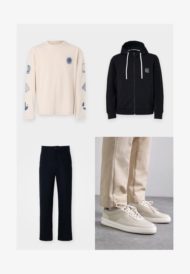 Melna kapuce ar rāvējslēdzēju, baltām saites, teksturētām melnām piedurknēm un nelielu logotipa uzšuvi uz krūtīm. Mīksts audums ar pieguļošu stilu.; Ilgi piedurkņu, bēša T-krekls, kas izgatavots no kokvilnas. Tam ir zili grafiskie motīvi uz krūtīm un piedurknēm, ar dažādiem ģeometriskiem dizainiem.; Kokvilnas tumši zilas bikses ar taisnu kāju dizainu, priekšējo pogu aizdari un klasisku jostasvietu ar jostas cilpiņām.; Beži sneakeri ar teksturētu augšējo daļu, balti zoli un izšūtām akcentiem, kopā ar bežām biksēm, izlikti uz pelēka virsmas.
