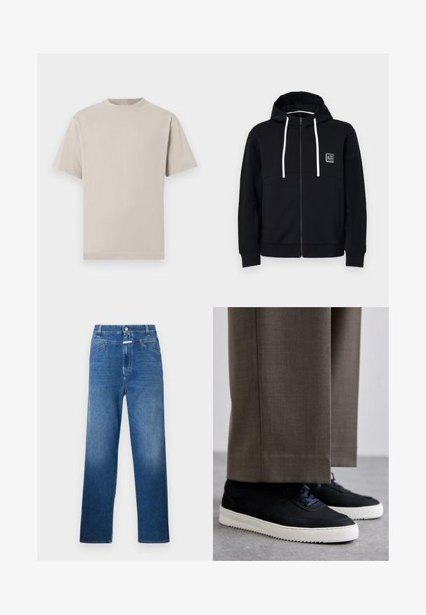 Melna kapuce ar rāvējslēdzēju, baltām saites, teksturētām melnām piedurknēm un nelielu logotipa uzšuvi uz krūtīm. Mīksts audums ar pieguļošu stilu.; Gai smilšu krāsas kokvilnas T-krekls ar apaļu kakla izgriezumu, īsām piedurknēm un taisnu apakšmalu. Gluda tekstūra bez rakstiem vai rotājumiem.; Zilā džinsu bikses ar taisnu kāju kroku, ar pogu aizdari, jostas cilpām un vieglu izbalēšanu uz augšstilbiem.; Melni zamšaini sporta apavi ar baltām gumijas zolēm, ar noapaļotu purngalu un auklām, valkāti ar pelēkiem piegrieztiem biksēm.