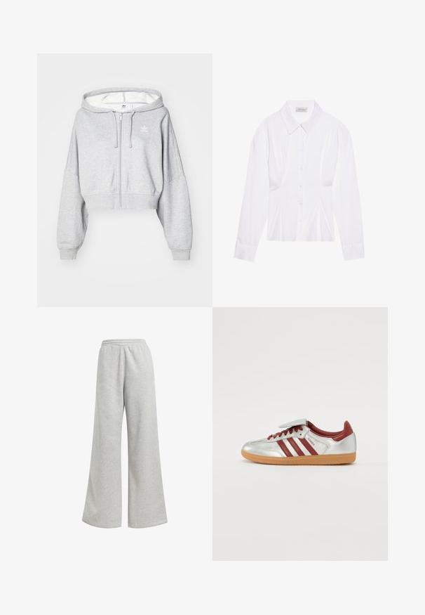 Svetlosivá skrátená zipsová mikina s kapucňou na šnúrky, s bielym logom na ľavej hrudi a rebrovanými manžetami. Mäkký materiál.; Biela blúzka s dlhým rukávom a klasickým golierom, so zapínaním na gombíky vpredu a detailom so zberaním na boku. Hladká tkanina s prispôsobeným strihom.; Sivé tepláky s voľným strihom, vyrobené z mäkkej bavlny. Majú elastický pás a minimálne ozdoby.; Strieborné športové topánky s červenými pruhmi, textúrovanou gumenou podrážkou a suchým zipsom na vrchu. Obsahujú hladký kožený povrch a polstrovaný golier.