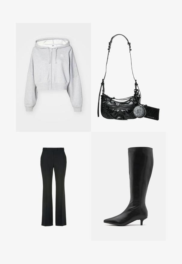 Világosszürke, rövidített zipzáros kapucnis pulóver, állítható húzózsinórral a kapucnin, bal mellen fehér logóval és bordás mandzsettákkal. Puha anyag.; Fehér hosszú ujjú blúz klasszikus gallérral, elöl gombos záródással és összegyűrt oldali részletekkel. Simára szőtt anyag, testhez álló fazonban.; Fekete, bőrszárú nadrág sima textúrával és elülső hajtással. Klasszikus derékpánttal rendelkezik, díszítések nélkül.; RAID ALPINE - Csizmák - black; Fekete szintetikus bőr kézitáska ívelt kialakítással, cipzáras elülső zsebbel és díszítő fémalkatrészekkel, valamint levehető kerek érmés tárcával.