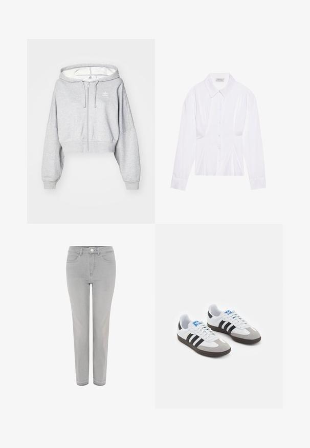 Felpa corta grigia chiaro con zip e cappuccio regolabile, con logo bianco sul lato sinistro del petto e polsini a coste. Materiale morbido.; Blusa bianca a maniche lunghe con colletto classico, chiusura frontale con bottoni e dettaglio arricciato sui lati. Tessuto liscio con una forma sartoriale.; Jeans in denim grigio chiaro con design a gamba dritta, cinque tasche, chiusura con zip e bottone. Tessuto liscio e dettagli di cucitura sottili.; Scarpe sportive con tomaia in pelle bianca, punta in suede grigia e tre strisce nere. Presentano un logo blu sulla linguetta e una suola in gomma testurizzata.
