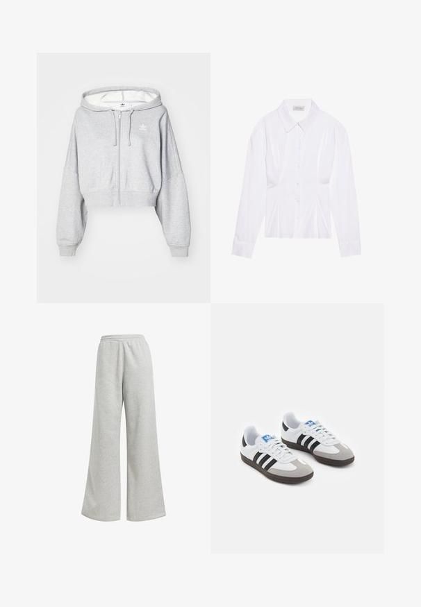 Helehall hallitatud lühike kapuutsiga jakke, millel on tõmbluku kinnis ja reguleeritav kapuuts, vasakul rinnal valge logo ja ribidega mansetid. Pehme materjal.; Valge pikkade varrukatega pluus klassikalise kraega, ees nööbiga sulgemine ja kokkuvõetud külgedega detail. Sile kangas ja kohandatud lõige.; Hallid hallid dressipüksid laia jala disainiga, valmistatud pehmest puuvillaste materjalidest. Omavad elastset vöökohta ja minimiaalset kaunistust.; Spordijalatsid valge nahkpealsega, halli nubuk-naha otsaga ja kolme musta triibuga. Omab sinist logo keele peal ja struktureeritud kummitalda.