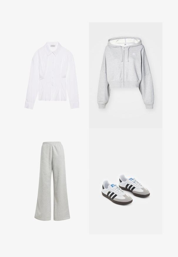 Hellgraue, kurz geschnittene Zip-Up-Hoodie mit einer Kordelzugkapuze, die ein weißes Logo auf der linken Brust und gerippte Bündchen aufweist. Weiches Material.; Weiße Bluse mit langen Ärmeln, klassischem Kragen, vorderer Knopfleiste und gerafftem Seitendetail. Glattes Material mit taillierter Form.; Graue Jogginghose mit weit geschnittenem Design, aus weichem Baumwollmaterial. Verfügt über einen elastischen Bund und minimale Verzierungen.; Sportschuhe mit einem Obermaterial aus weißem Leder, grauer Wildleder-Zehenkappe und drei schwarzen Streifen. Sie verfügen über ein blaues Logo auf der Zunge und eine strukturierte Gummisohle.