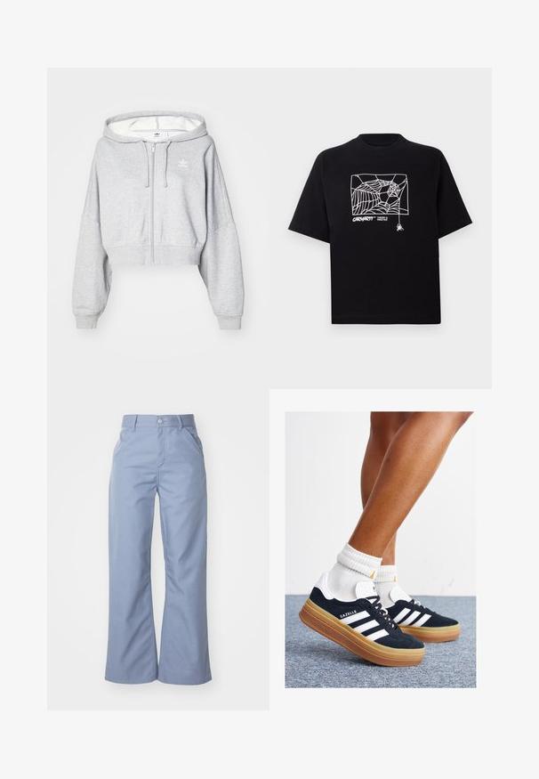Haut en molleton cropped gris clair avec fermeture éclair et capuche à cordon, arborant un logo blanc sur la poitrine gauche et des poignets côtelés. Matière douce.; T-shirt noir en coton à manches courtes. Présente un graphisme de toile d'araignée blanche et un logo à l'avant. Encolure ronde simple.; Pantalons larges bleu clair en tissu en coton mélangé lisse, avec des poches avant et une fermeture à bouton à la taille.; Baskets en daim noir avec des rayures et des accents blancs, bout arrondi, semelle extérieure en caoutchouc gomme, associées à des chaussettes blanches côtelées mi-mollet.
