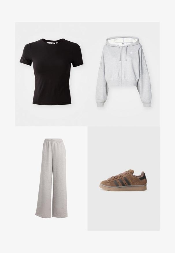 Light grey cropped zip-up hoodie with a drawstring hood, featuring a white logo on the left chest and ribbed cuffs. Soft material.; Black short-sleeve t-shirt made from a smooth fabric, featuring a round neckline and a fitted shape. Label on the inside reads "WEEKDAY."; Light grey sweatpants with a loose fit, elastic waistband, and soft texture. Features subtle branding on one side. Casual design.; Brown suede sneaker with three dark stripes, textured lace-up front, and a contrasting black heel. Features a rubber sole and gold branding.