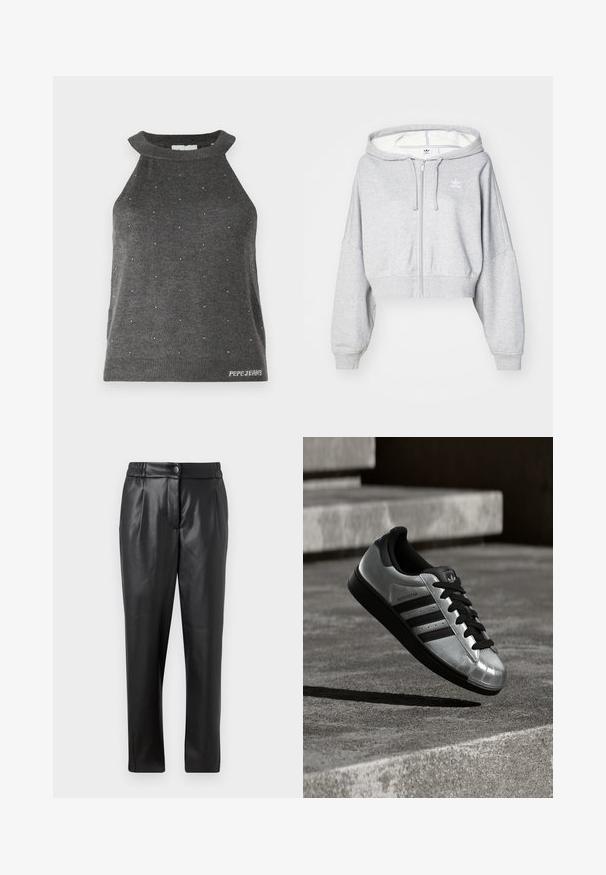 Világosszürke, rövidített zipzáros kapucnis pulóver, állítható húzózsinórral a kapucnin, bal mellen fehér logóval és bordás mandzsettákkal. Puha anyag.; Szürke, ujjatlan felső magas nyakkal, amelyen apró ezüst díszítések találhatók, valamint bordázott aljjal rendelkezik, rajta a "Pepe Jeans" logóval.; Fekete bőr nadrág sima textúrával, egyenes szabással, rugalmas derékkal és elülső gombos záródással; pliszírozott részletezéssel és szűkített lábakkal.; Ezüst sportcipő fekete gumitalppal, fekete fűzővel és három fekete csíkkal. Fémes hatású, klasszikus kagylóorr kialakítással.
