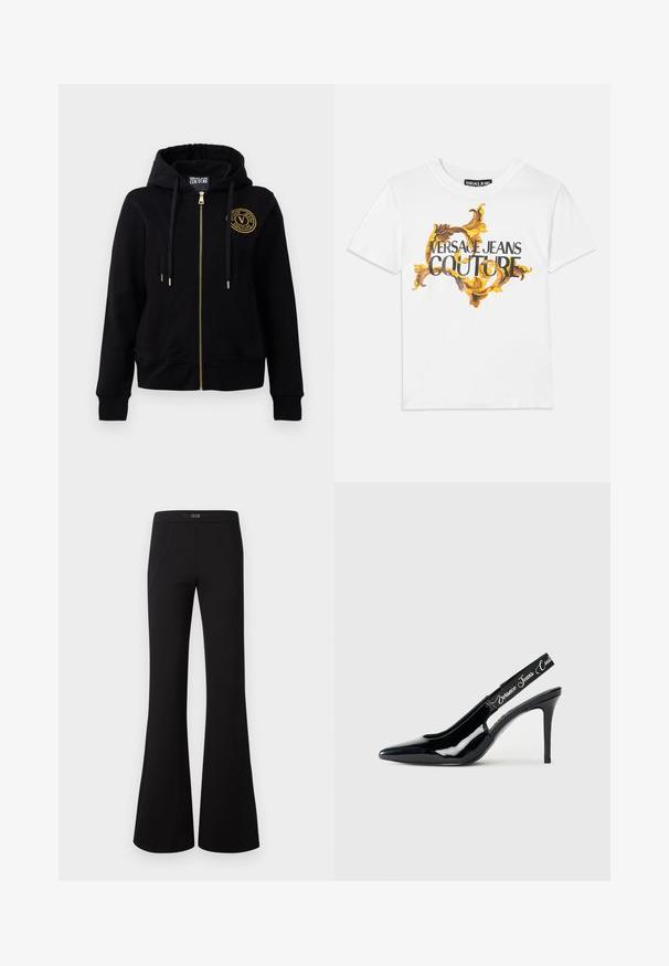 Svart hooded sweatshirt med guld blixtlås och emblem. Har långa ärmar, ribbade muddar och en justerbar huva. Mjuk tygtextur.; Vit bomulls t-shirt med ett guld- och brunt barockmönster, där "VERSACE JEANS COUTURE" är framträdande tryckt i svart text.; Svart utsvängda byxor i mjuk duk, med hög midja och två framfickor samt subtila sidosesömmer för extra detaljer.; Svart lackläder slingbackklack med spetsig tådesign, med en utstansad del och elastisk rem präglad med varumärkesnamnet.