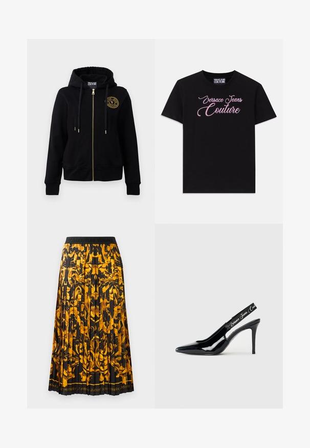 Fekete kapucnis pulóver arany cipzárral és emblémával. Hosszú ujjú, bordás mandzsettákkal és húzózsinóros kapucnival rendelkezik. Puha szövet textúra.; Fekete, rövid ujjú pamut póló, melyen rózsaszín strasszkövekkel díszített "Versace Jeans Couture" felirat található a mellkas területén.; Ráncokkal ellátott szoknya, mely fekete anyagból készült, élénk arany virágmintával. A derékrész fekete, dombornyomott felirattal.; Fekete lakk bőrből készült slingback sarokcipő, hegyes orral, amelyen kivágott rész található, és rugalmas pánt, amelyen a márkaneve van gravírozva.