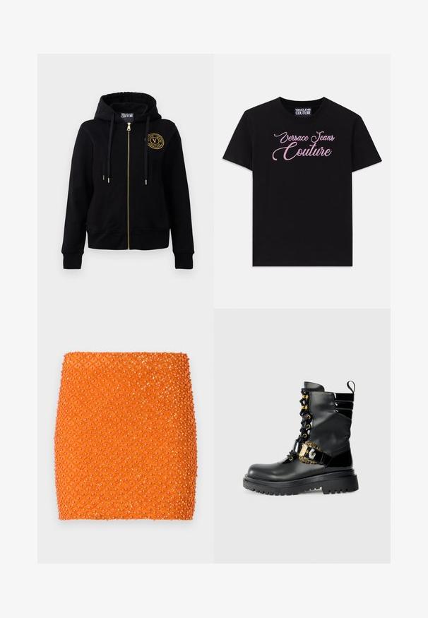Svart hooded sweatshirt med guld blixtlås och emblem. Har långa ärmar, ribbade muddar och en justerbar huva. Mjuk tygtextur.; Svart bomulls t-shirt med korta ärmar som har rosa strassdekorerad "Versace Jeans Couture" text över bröstet.; Orange mini kjol med en strukturerad yta, prydd med ett diamantsmönster dekorerat med glänsande, runda pärlor.; Svart läderankelsko med glänsande detaljer, snörning, guldspänne och en tjock sula med strukturerat mönster.