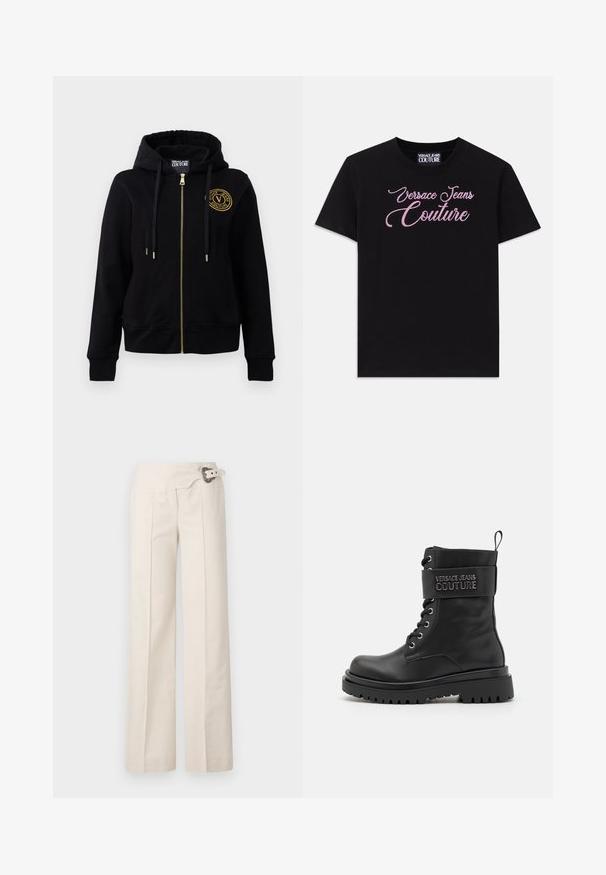 Melnas kapuces sporta jakas ar zelta rāvējslēdzēju un emblēmu. Tai ir garas piedurknes, volāni uz gumijas un kapuce ar auklu. Mīkstas auduma tekstūra.; Melns kokvilnas t-krekls ar īsām piedurknēm, kura krūtīs ir rozā akmens pērlītēm rotāts "Versace Jeans Couture" uzraksts.; Kremlēni platās kājas bikses ar teksturētu virsmu. Iekļauj sānu krokas un dekoratīvu jostu ar apaļu sprādzi.; Melna kaujas zābaki ar spīdīgu apdari, ar polsterētu potīti, auklu aizdari un ar logo iepresētu siksnu pāri augšai. Gumijas zole.