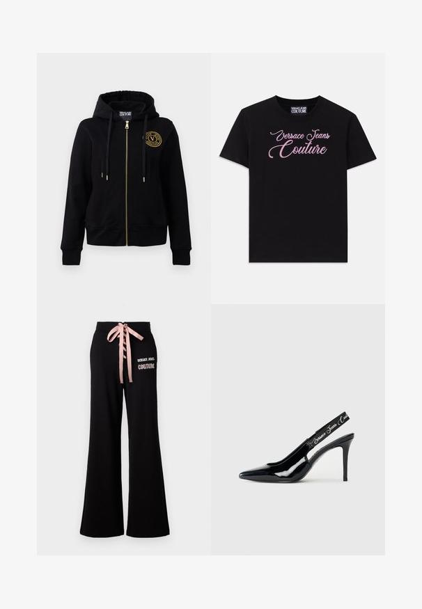 Juodas gobtuvas su auksiniu užtrauktuku ir emblema. Turi ilgas rankoves, gumbuotus rankogalius ir reguliuojamą gobtuvą. Minkšta audinio tekstūra.; Juodas medvilninis marškinėliai trumpomis rankovėmis su rožiniais kristalais papuoštomis "Versace Jeans Couture" užrašais per krūtinę.; Juodos plačios kelnės iš minkštos medžiagos, su rožiniu kaspinu, surištu ties juosmeniu, ir „Versace Jeans Couture“ logotipu priekyje.; Juodas lakuotas odinis slingback aukštakulnis su smailiu pirštu, su išpjovimu ir elastinga juostele, ant kurios išspausdinta prekės ženklo pavadinimas.