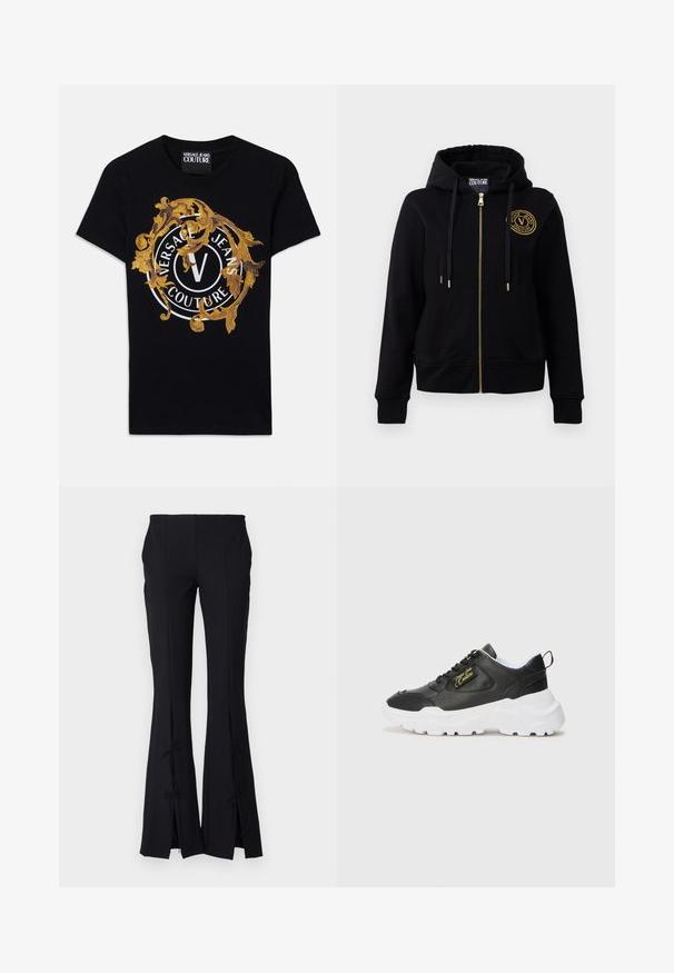 Mustaline kapuutsiga sweatshirt kuldse tõmbluku ja embleemiga. Omab pikki varrukaid, soonikkoes mansette ja reguleeritavat kapuutsi. Pehme kangasteksts.; Must silmade varrukatega Versace Jeans Couture T-särk, millel on kuldne barokkdisain ja valge ringikujuline logo keskosas.; Mustad flared püksid, mis on valmistatud siledast kangast, esitavad hemil lõikeid, mis on seotud paeladega lisadetaili jaoks.; Must musta sneaker valge kummist tallaga, millel on pehmendatud kaelus, paeltega esiosa ja külgedel kuldne logo detail.