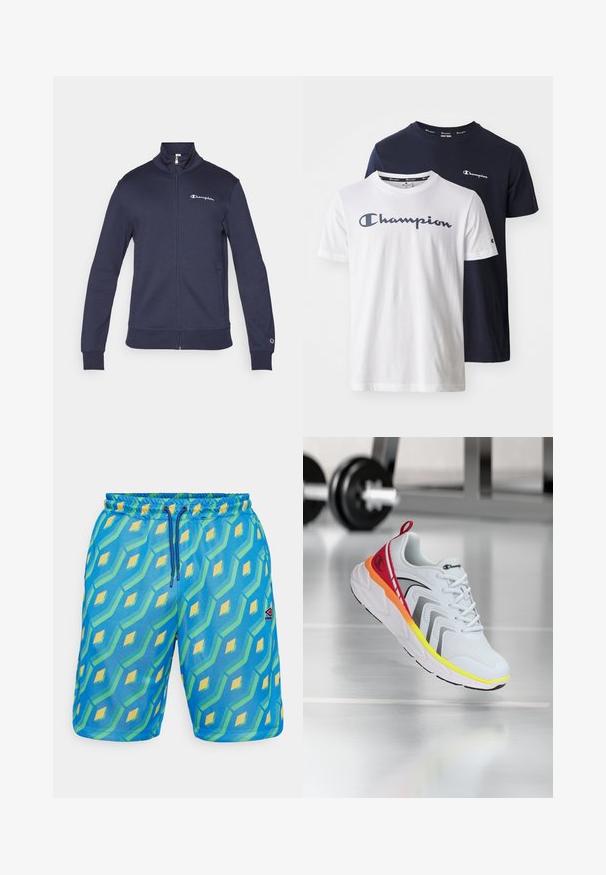 Champion ICONS CONTRAST FULL ZIP - Jaka ar rāvējslēdzēju - navy; Divas īsām piedurknēm T-krekli, viens balts ar tumši zilu logo un otrs tumši zils ar baltu logo, izgatavoti no kokvilnas ar apaļu kakla izgriezumu un regulāru piegriezumu.; Zili peldšorti ar ģeometrisku rakstu zaļā un dzeltenā krāsā, ar elastīgu jostasvītu, auklu un mazu logotipa uzšuvumu.; Balta sporta apava ar acu sietu, krāsainiem akcentiem sarkanā, oranžā un dzeltenā krāsā, ar teksturētu zoli un melniem akcentiem.