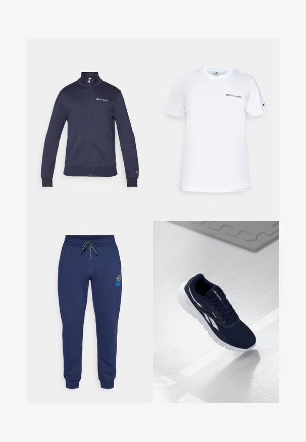 Champion ICONS CONTRAST FULL ZIP - Camisola com fecho - navy; T-shirt de algodão branco com decote redondo, mangas curtas e um logótipo "Champion" bordado a preto no peito e como detalhe na manga.; Calças de treino azul marinho feitas de um suave tecido de algodão, com cintura elástica e cordão ajustável, e punhos em ribana. Logótipo da Lotto no lado esquerdo.; Sapatilha atlética azul-marinho com um upper texturizado, detalhes brancos e sola almofadada. Apresenta um design de atacadores e um logo na língua.