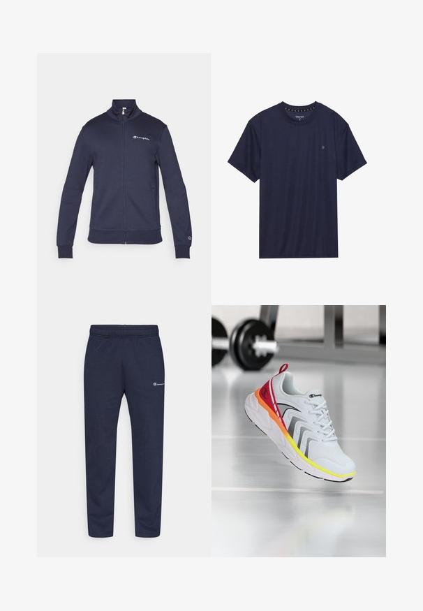 Champion ICONS CONTRAST FULL ZIP - Športna jopa s kapuco na zadrgo - navy; Temno modra kratkotrajna majica iz mehkega blaga, z okroglim ovratnikom in majhnim logotipom na levem prsnem delu.; Mornarske trenirke z elastičnim pasom, ožjimi nogami in majhnim belim logotipom na levi stegnu. Narejene so iz mehke, raztegljive tkanine.; Bela atletska čevlja z mrežastim zgornjim delom, barvnimi akcenti v rdeči, oranžni in rumeni barvi, z teksturirano podplatom in črnimi detajli.
