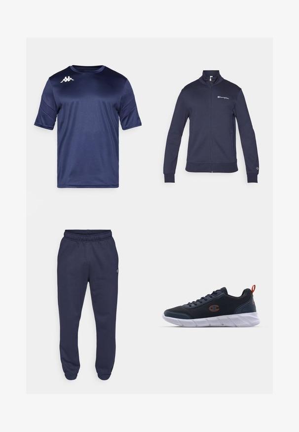 Champion ICONS CONTRAST FULL ZIP - Camisola com fecho - navy; T-shirt desportivo azul marinho feito de um tecido leve e suave, com mangas curtas, gola redonda e um logótipo branco no ombro esquerdo.; Champion ICONS CUFF PANTS - Calças de fato de treino - navy; Champion JOLT - Sapatilha de treino - navy/koi