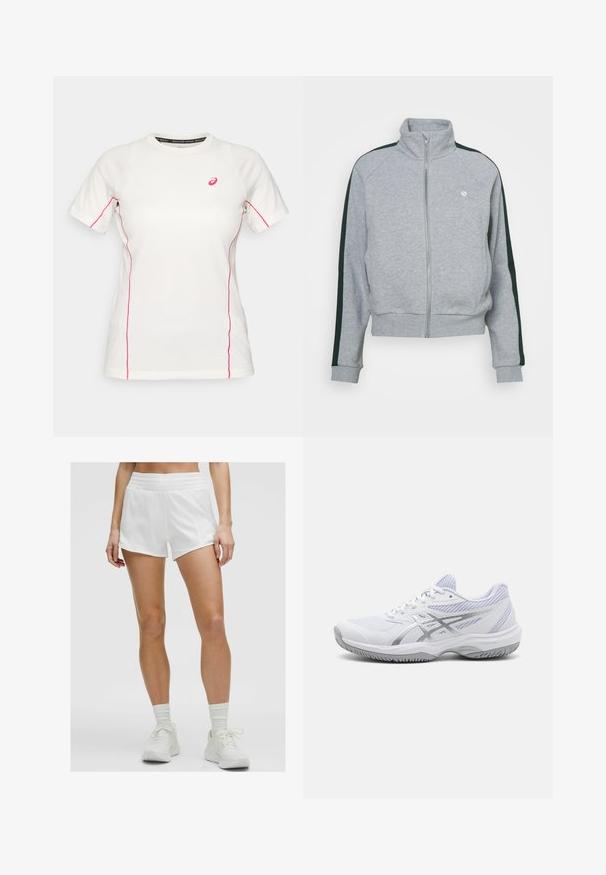 Grijze zip-up jas met hoge kraag, donkergroene zijstrepen, ribgebreide manchetten en zoom; heeft een klein logo op de borst. Rekbare stof.; Witte sportshirt met korte mouwen en roze stiksels langs de zijkanten en mouwen, met een klein roze Asics-logo op de borst.; Witte sport shorts met een gladde textuur, elastische tailleband en zijzakken, gecombineerd met witte sneakers en enkelkousen.; Witte sportschoen met een gestructureerde mesh bovenkant, zilveren logo en duurzame rubberen loopzool. Heeft een gevoerde kraag en veters voor een veilige pasvorm.