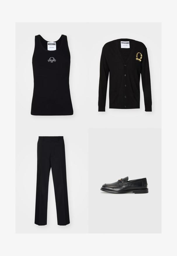 Melnā kardigāna ar v-veida kakla izgriezumu, poga slēgšanu, ribotām piedurknēm un divām priekšējām kabatām. Uz krūtīm ir zelta izšūts logo.; Melnas ribotas bezstieples t-kreklas ar apaļu dekoltē, centrā ar balto izšūtu logotipu. Izgatavots no mīksta, elastīga auduma.; Melnas šūtu bikses ar platu kāju dizainu, ar gludu tekstūru un asiem locījumiem, izgatavotas no austas auduma.; Melnā ādas mokasīni ir ar noapaļotu purngalu, šūšanas detaļām un nelielu zelta akcentu priekšpusē. Zole ir plaka un diskrēta.