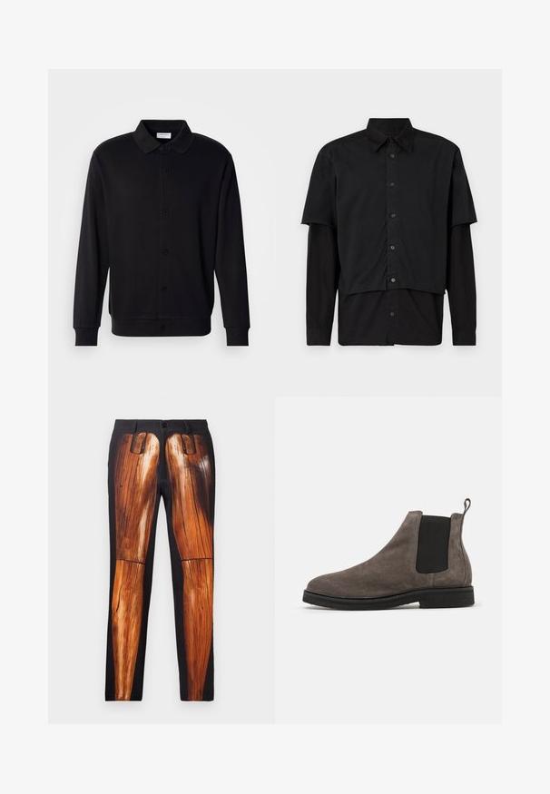 Lindbergh Mikina na zip - black; Černá košile na knoflíky s vrstvenými krátkými a dlouhými rukávy. Vyrobena z bavlny, s klasickým límcem a decentním logem na rameni.; Černé kalhoty s grafickým potiskem dřevěných nohou, hladkou texturou a kontrastním lesklým povrchem na matném pozadí.; Šedé semišové chelsea boty s elastickými bočními panely, zaoblenou špičkou a poutkem. Plná černá gumová podrážka. Jednoduchý a elegantní design.